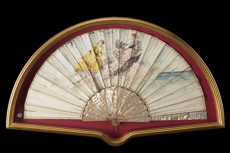 Firma indecifrata. Ventaglio con stecche in madreperla, pagina in pergamena...