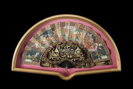 Arte giapponese sec. XIX. Ventaglio con stecche in lacca dipinte con scene di...