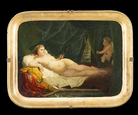 Firma indecifrata "Nudo femminile con putto" dipinto ad olio su vassoio (cm...
