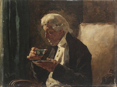 Tito Lessi (Firenze 1858 - 1917) "L'ora del tË" olio su tavola (cm 18.5x24)...