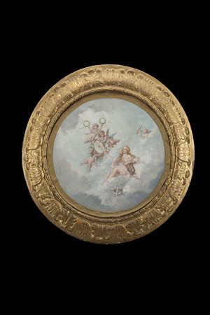 Scuola del sec. XIX "Scena mitologica con cherubini" olio su carta (d. cm 36)...
