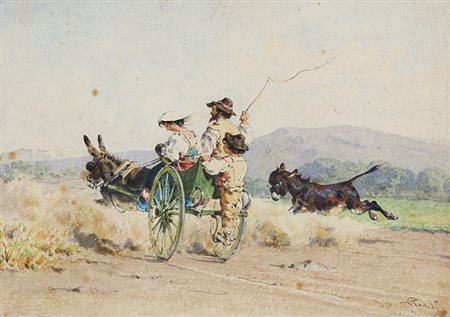 Ignoto "Carro con figure" acquerello su carta (cm 14x19.5) Reca firma...