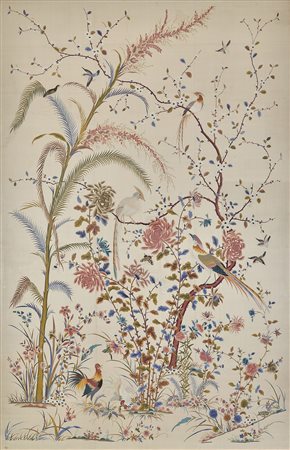 Grande pannello ricamato in seta policroma su fondo in raso di seta color...