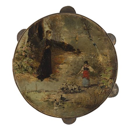 Autori diversi. Tamburello con pannello dipinto ad olio raffigurante soggetti...