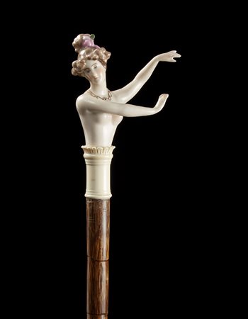 Bastone con canna in bamboo e impugnatura in porcellana a mezzo busto di...