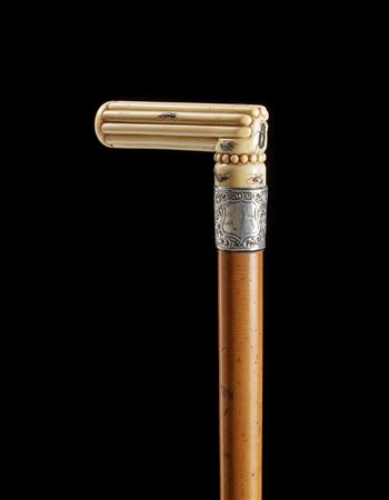 Bastone con presa Shibayama in avorio decorato a perlinature e scanalature,...