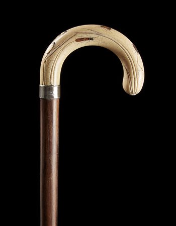 Bastone con presa Shibayama in avorio sagomato e scanalato, decorato con...