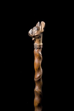 Bastone con canna in legno lavorato, presa a testa di bulldog con bocca...