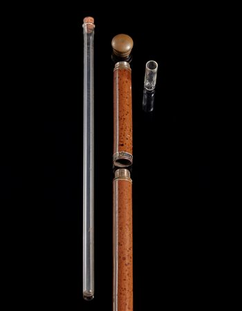 Bastone in legno tornito con tappo e ghiere in rame celanti fiaschetta e...