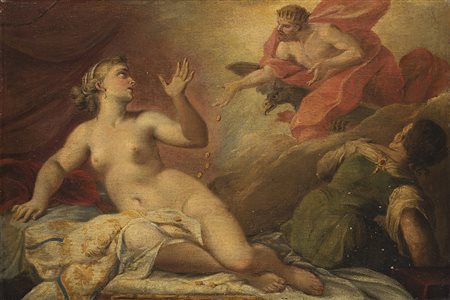 Maestro del XVIII secolo "Danae e Giove" olio su tela (cm 55x81,5) In cornice...