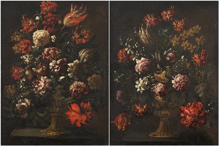 Maestro veneto del secolo XVII "Vasi con fiori" coppia di olii su tela (cm...