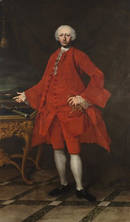 Maestro veneto secolo XVIII "Ritratto di condottiero in abito rosso" olio su...