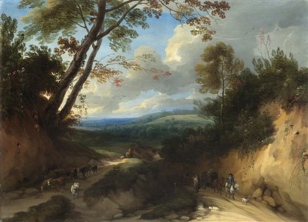 Scuola fiamminga del secolo XVII "Paesaggio con figure e animali" olio su...