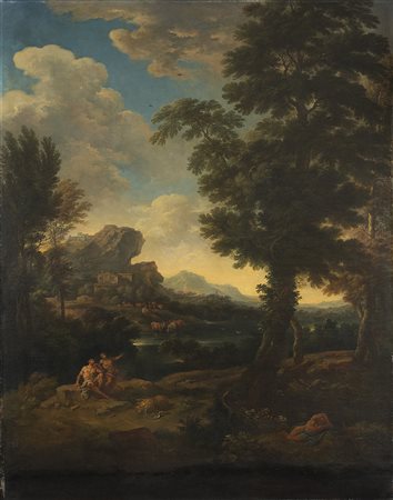 Tavella Carlo Antonio (Milano 1668 - Genova 1738) "Paesaggio con pastori e...