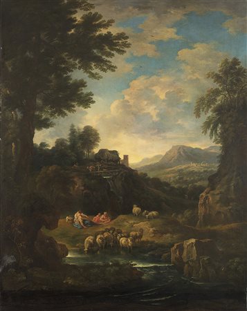 Tavella Carlo Antonio (Milano 1668 - Genova 1738) "Paesaggio con pastori e...