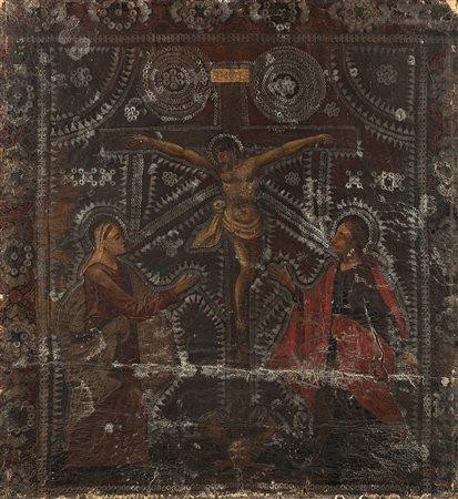 Manifattura di Cordova, sec. XVIII "Cristo con Madonna e Maddalena" olio su...