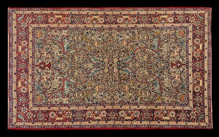 Tappeto Sarouk, Persia secolo XX. Disegno a vasi con animali su fondo bianco...