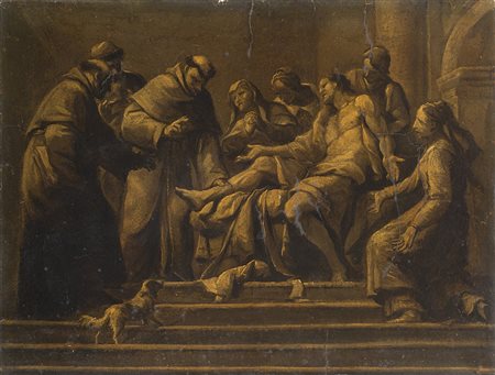 Scuola del secolo XVIII "Miracolo di S. Antonio" olio monocromo su carta....