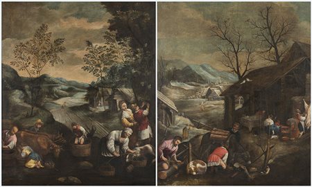 Scuola dei Bassano, coppia di dipinti raffiguranti "La vendemmia" e...