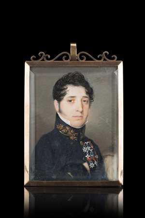 Maestro del sec. XIX "Ritratto di militare" miniatura su avorio decorata al...