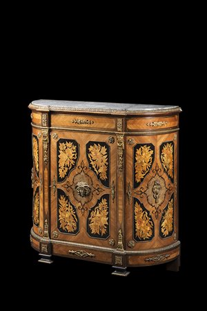 Credenza demilune con piano sagomato, lastronata in legni diversi e...