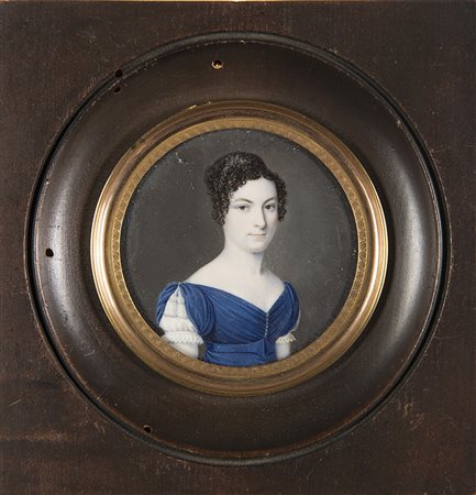 Maestro del sec. XIX "Ritratto di donna in abito blu" miniatura tonda su...