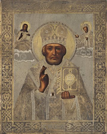 Icona russa dipinta ad olio su tavola con volto di San Nicola, San Giuseppe e...