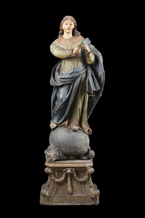 Scuola del sec. XIX "Madonna" scultura in legno decorato in policromia con...