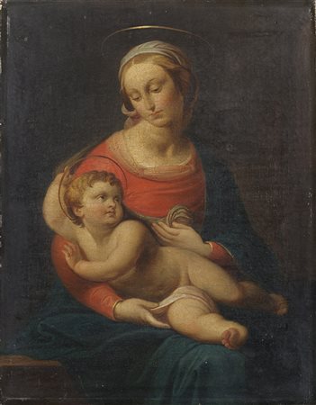 Maestro inizio XIX secolo "Madonna con Bambino" olio su tela (cm 45,5x36) In...