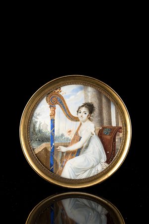 Maestro dell'inizio del sec. XIX "Ritratto di donna con arpa" miniatura tonda...