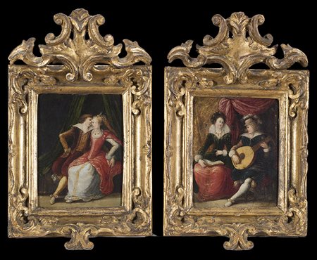 Scuola del sec. XVIII "Scena galante" coppia di miniature su rame (cm 13x10)...