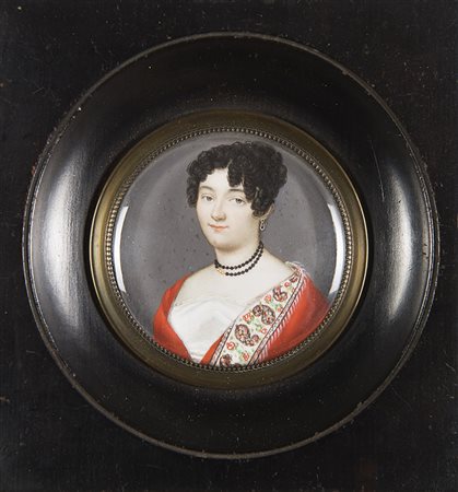 Maestro del sec. XIX "Ritratto di donna in abito rosso" miniatura su avorio...