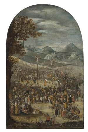 Scuola fiamminga del secolo XVII "Crocifissione" olio su rame (cm 31x19,5) In...