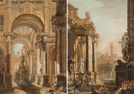 Scuola del secolo XVIII "Architetture classiche con figure" e "Androne di...