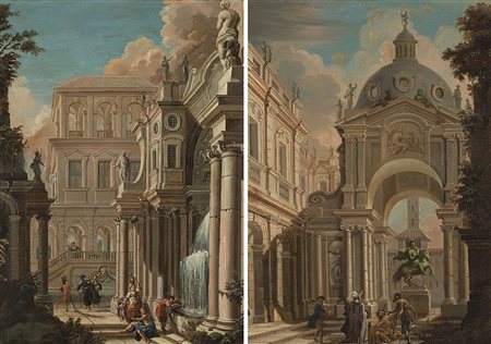 Scuola del secolo XVIII "Androne di palazzo animato da pellegrini, contadini...