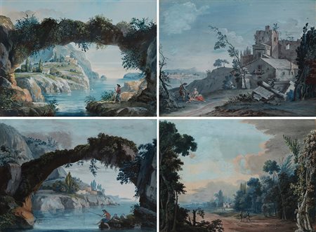 Scuola del Centro Italia, sec. XVIII "Paesaggi con figure e architetture"...