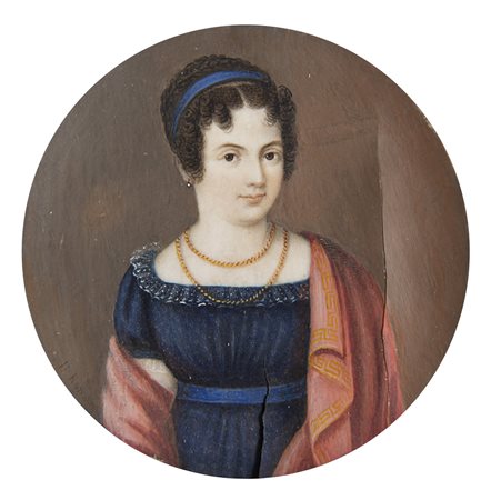R. Romani (sec. XIX) "Ritratto di donna con manto rosso" miniatura su avorio...