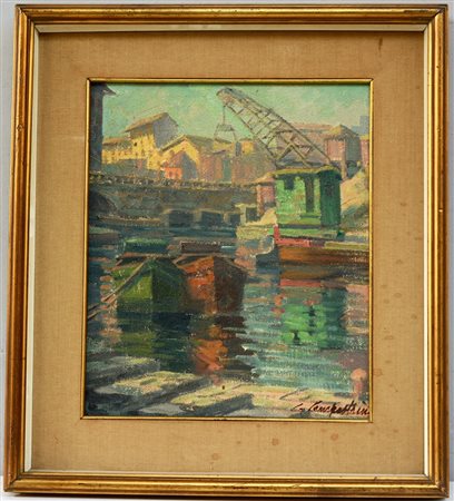 Gianfranco Campestrini. "Darsena" olio su cartone telato (cm 40x34) firmato...