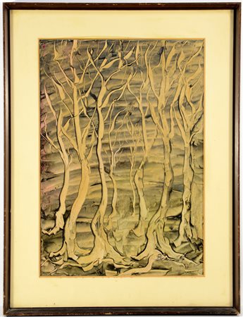 Firma indecifrata, "Composizione con alberi", tecnica mista su cartoncino (cm...