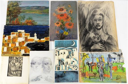 Lotto composto da alcuni dipinti, disegni e riproduzioni di autori,...