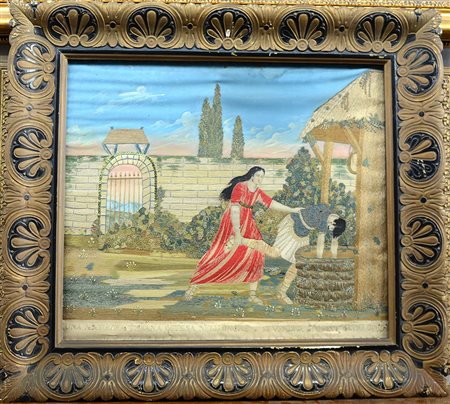 Ricamo policromo raffigurante una matrona tebana (cm 43x51) in cornice in...