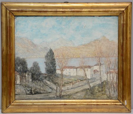 Scuola del sec. XX "Veduta del lago di Lecco" olio su masonite (cm 50x60)