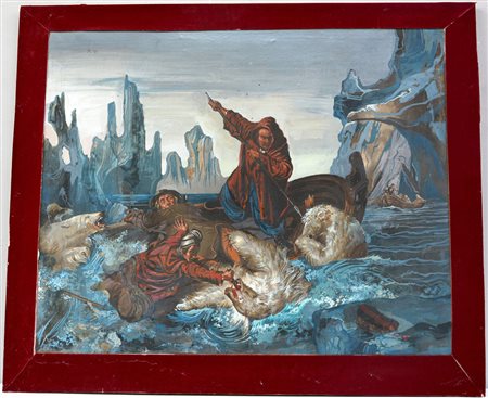 Scuola del sec. XIX "Cacciatori assaliti dagli orsi" tecnica mista su carta...