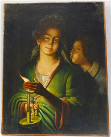 Scuola del sec. XIX "Figure con candela" olio su tela (cm 78,5x61,5) (lievi...