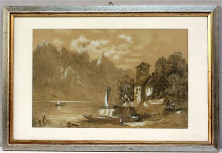 S. Veronese "Lago di Como" tecnica mista su carta (cm 29x46) firmato in basso...