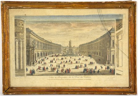 Stampa a colori raffigurante Place des Victoires. Francia, sec. XVIII....