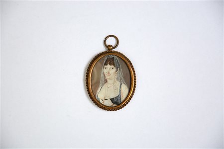 Scuola del sec. XIX "Ritratto di donna con velo" miniatura ovale su avorio...