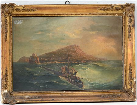 Scuola di Posillipo del secolo XIX "Barche di pescatori" olio su tela (cm...