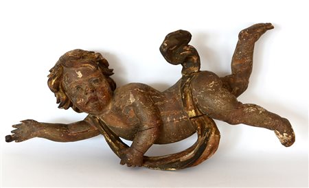 Arte del sec. XVIII. Putto, scultura in legno decorato e intagliato decorato...