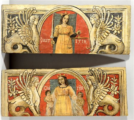 Coppia di formelle in legno dipinto raffiguranti figure allegoriche della...